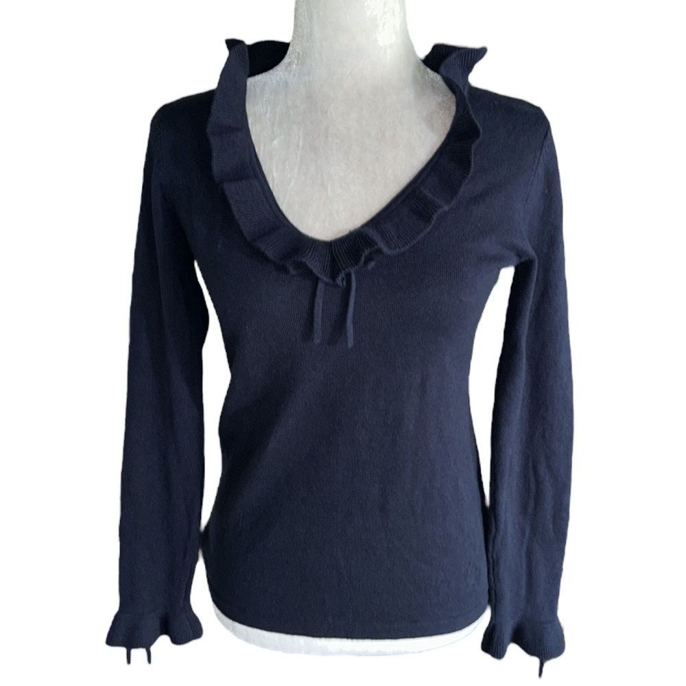 Tyler Boe Navy Blue Cashmere Blend Ruffle Collar Bow Tie Sleeve Sweater - XS